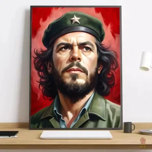 Affiche portrait Che Guevara avec béret sur fond rouge