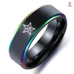 Bague faucille et marteau noir avec motif arc-en-ciel