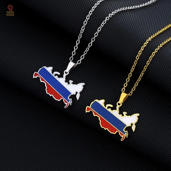collier-pendentif-carte-russie-drapeau-or-acier-1 Collier pendentif carte de Russie en acier avec drapeau or