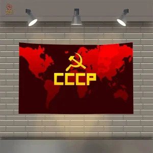 Drapeau CCCP rouge avec carte monde sur fond sombre