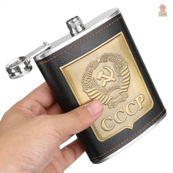 flasque-cccp-armoiries-bronze-inox-cuir-noir-antiderapant-8oz-1 Flasque CCCP en inox avec armoires en bronze
