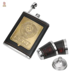 Flasque bronze inox avec armoiries CCCP et cuir noir