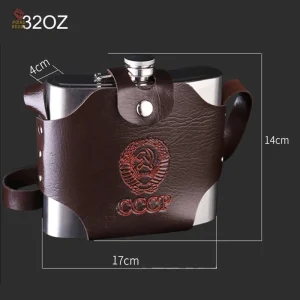 Flasque inox CCCP avec holster en cuir marron 32oz