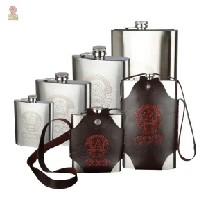 Flasque communiste inox avec holster cuir marron