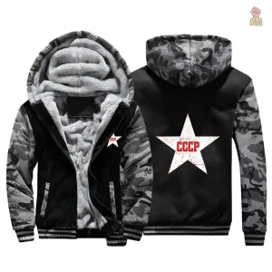 Hoodie noir avec fermeture éclair et motif soviétique