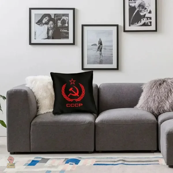 Coussin noir avec bande rouge, motif emblématique