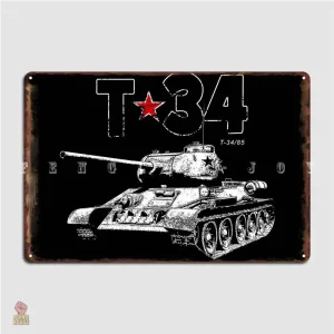 Plaque métal T34 char soviétique fond noir vintage