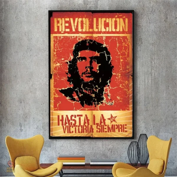 Affiche Che Guevara, design rouge et or, style révolutionnaire.