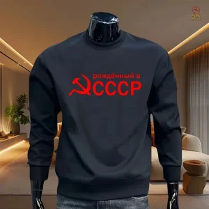Sweat-shirt avec logo faucille marteau en or sur bleu marine