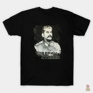 T-shirt noir avec portrait de Staline imprimé en coton