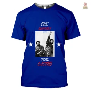 T-shirt Che Guevara et Fidel Castro, design Cuba bleu