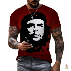 T-shirt Che Guevara blanc avec étoile rouge sur fond bordeaux