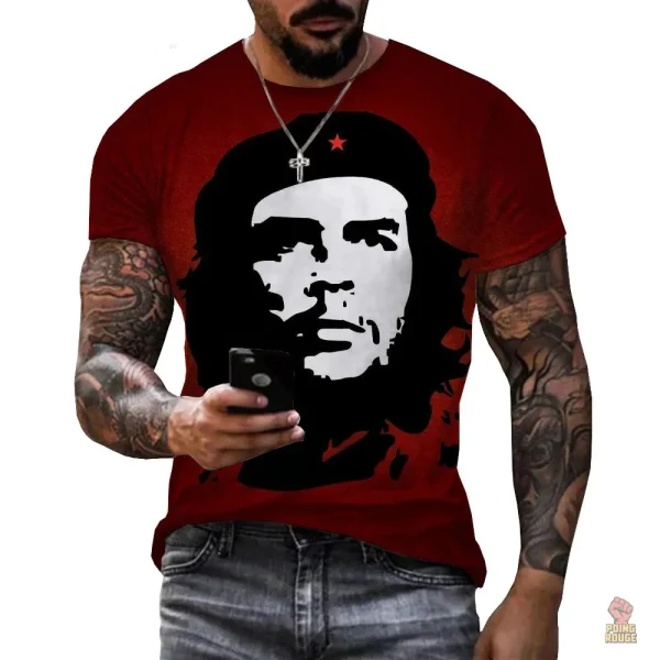 T-shirt Che Guevara blanc avec étoile rouge sur fond bordeaux