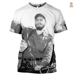 T-shirt Fidel Castro jeune avec fusil en noir et blanc