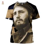 T-shirt Fidel Castro avec portrait en sépia et casquette militaire